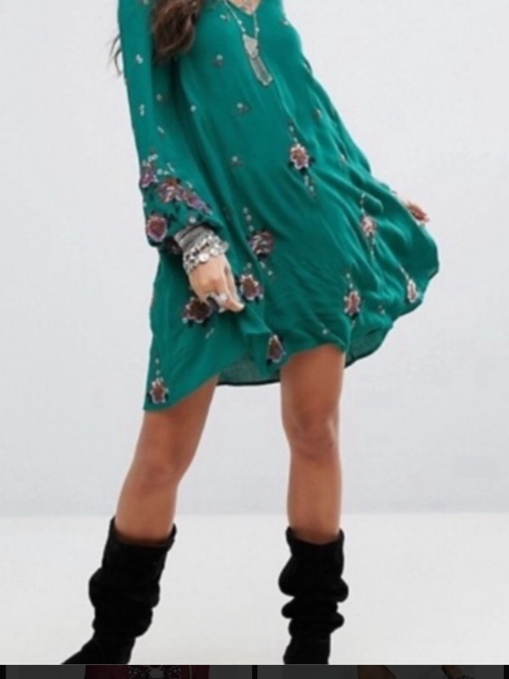 Green Floral Boho Shift Dress - Women's